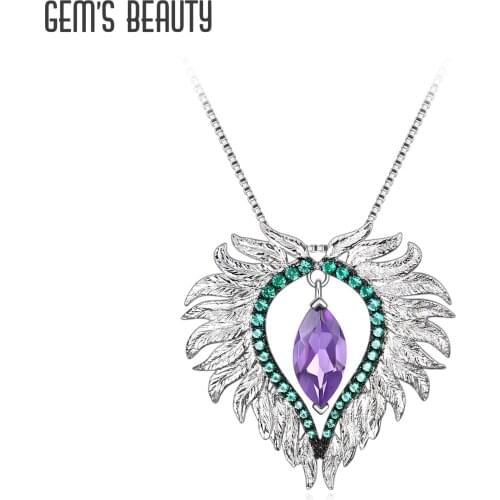 Gems Beauty 925 Sterling Silver Necklace Pendant For Women Fashion Bijoux Amethyst Feather Angels Wing Statement Jewelry Gifts