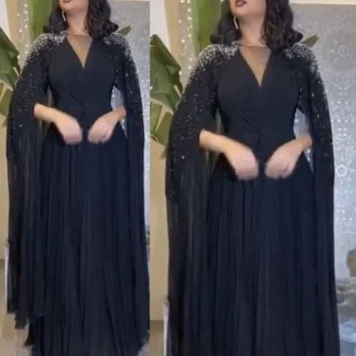 Crystal prom dresses 2020 v neck sashes chiffon a line navy long sleeve evening dresses