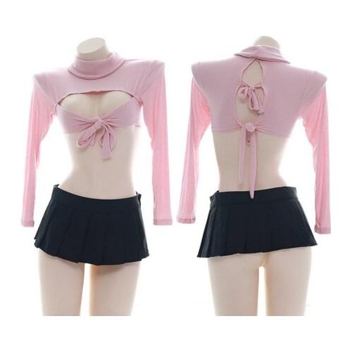 2020 New Sexy Lolita Striped High Neck Open Chest Sweater With Skirt Set Pajamas Cosplay Japanese Girl Virgin killer Nightdress