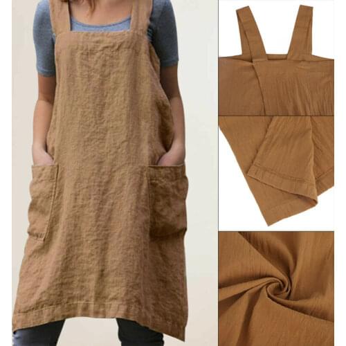 2021 Women Linen Cross Back Apron Japanese Ladies Housework Wrap Pinafore Midi Dress Long Wai Homewear