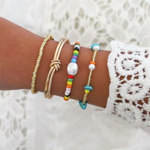 4 Pcs/Set Lovely Colorful Beads Stone Imitation Pearl Bracelet Set Fashion Women Bangle Bracelet Charm Jewelry Gifts