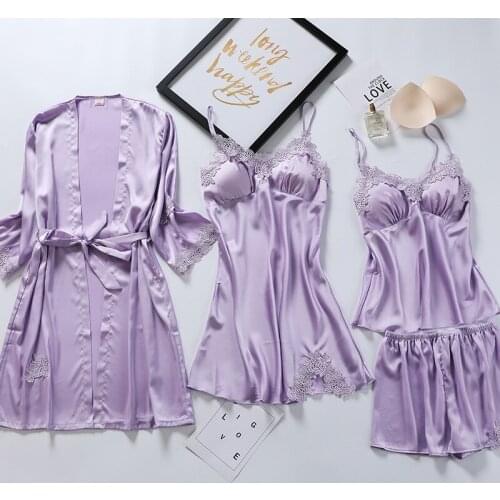 4PC Silk Robe Sleep Suit Womens Pajamas Lace Satin Pajama Gown Set V-Neck Cami Nighties Wear Pijama Home Nightwear Nightdress
