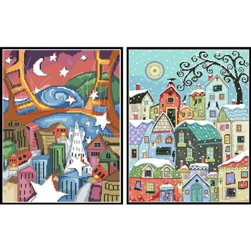 Abstract City View Cross Stitch Pattern Kits Printed Fabric 11CT 14CT Needlework Sets Embroidery Painting Home Decoration Crafts