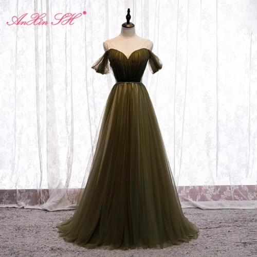 AnXin SH princess green lace evening dress vintage party v neck short illusion beading crystal a line bride evening dress