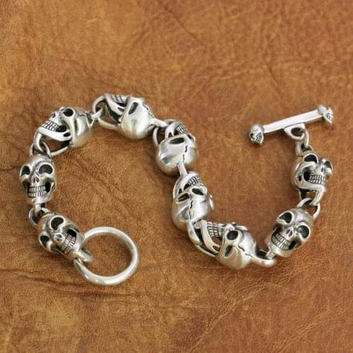 Details Skulls Chain 925 Sterling Silver Mens Biker Rock Punk Bracelet TA264