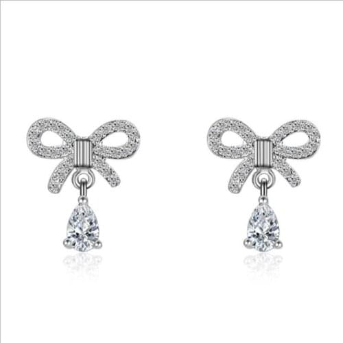 KOFSAC New Luxury Crystal Micro-Inlay CZ Cute Bowknot Earrings For Women Wedding 925 Pure Silver Earring Bride Fine Jewelry Gift
