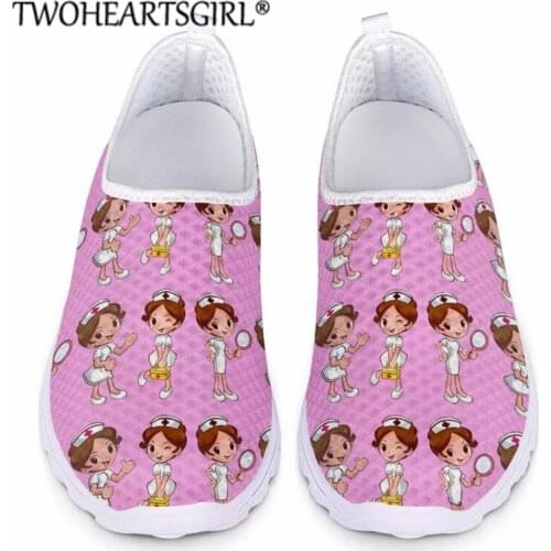 Twoheartsgirl Pink Nurse Doctor Patterns Slip On Flats Shoes Women Air Mesh Nursing Shoes Light Breathable Sneakers Footwear