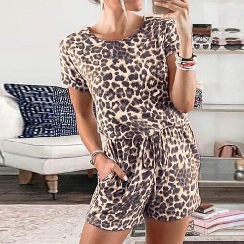 Summer Women O-Neck Leopard Printed Mini Short Rompers Bodysuits Casual Fitness Sport Short Sleeve Loose Pocket Jumpsuits#p3