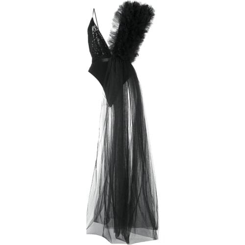 High Fashion Black Asymmetrical Women Bodysuit Shiny Sequined Ruffles Tulle Women Jumpsuit Summer Female Outfit