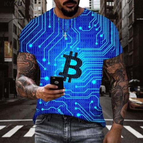 KYKU Bitcoin T-shirt Men Blue Anime Clothes Retro Funny T shirts Harajuku Shirt Print Mens Clothing Punk Rock Casual Tops Style