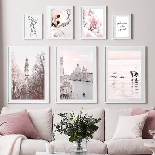 Europe City Building Seagull Flower Line Wall Art Canvas Painting Nordic Posters And Prints Wall Pictures For Living Room Decor