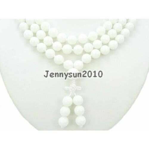 Natural White Alabaster 10mm Gems Stone Buddhist 108 Beads Prayer Mala Knot Necklace Multi-Purpose 5Strands/Pack