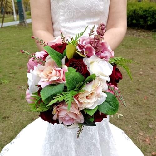 2021 New Wine Red Flannel Roses Wedding Brooch Bouquet Dust Pink Poney 12inch Hand Hold Flower Bouquet Accessoires Mariage