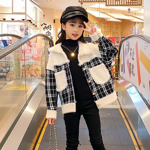 2021 New Winter Sweater Cotton Kid Outerwear Clothes Toddler Children Casual Turn-down Collar Plaid Wool Coat for Girls Clothing