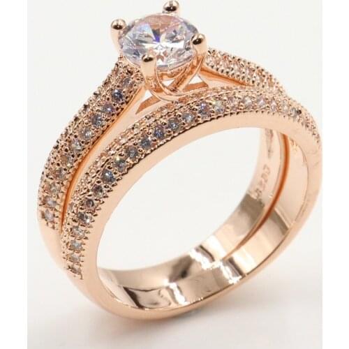 Rulalei Drop Shipping High Quality Luxury Jewelry Couple Rings 925 Sterling&Rose Gold Fill Women Wedding Bridal Ring Set Gift