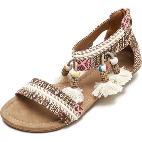 Pompom Back Zipper Gladiator Sandals Women Tassels Wedges 2022 Summer Bohemian Shoes Ladies Wedding Beach Sandals Plus Size 42
