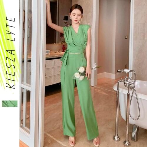 Sexy Two piece Set 2021 New Summer Daily Suit Women Bandage Long Wide Leg Pants Suits Office Wear