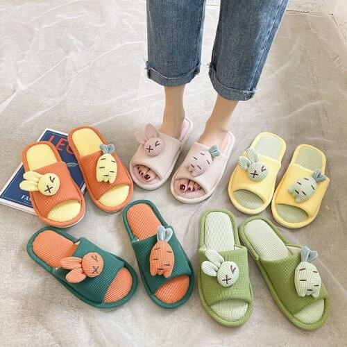 Women Summer Indoor Cute Carrot Rabbit Bedroom Couples Cotton Slippers Breathable Flax Ladies Slides Leisure Cartoon Hemp Shoes