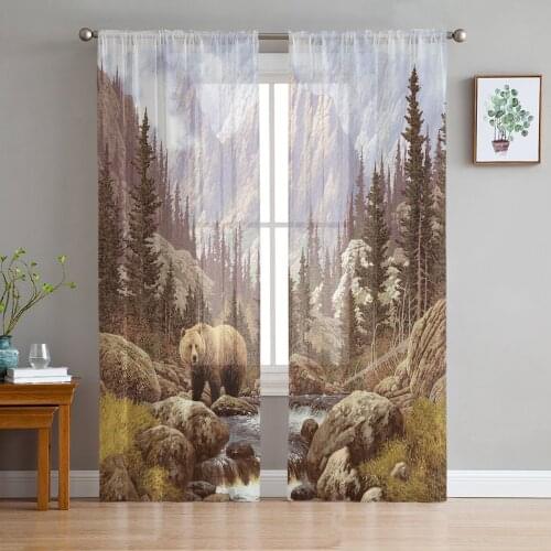 Bear Forest Sheer Curtains for Living Room Modern Voile Curtain Bedroom Tulle Curtains Window Drapes Decor