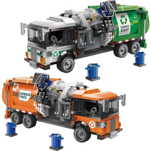 Technical Sanitation Truck Car Trailer Blocks City Creative Series Garbage Truck Sanitation Vehicle DIY Childrens Birthday Gift