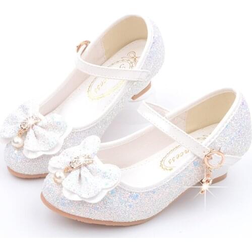 Girls Crystal Shoes High Heels Butterfly-knot Glitter Leather Children Shoes for Wedding Party Dancing Shoes Kids Dress Shoes