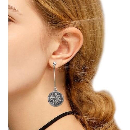 Vintage Pentacle Star Trinity Knot Bar Wicca Pagan Long Chain Drop Dangle Earrings Silver Plated Women Jewelry Orecchini