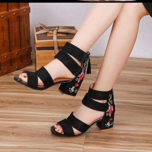 Woman Pumps High Heels Elastic Band Zipper Rubber Open Toe Embroider Dancing Party Wedding Ladies Shoes