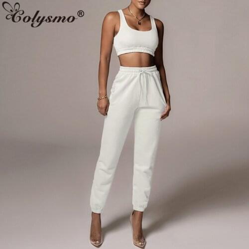 Colysmo Tracksuit Women Ruched Sleeveless Crop Tops Drawstring Tie up High Waist Sweatpants Stretch 2 Piece Joggers Women Set