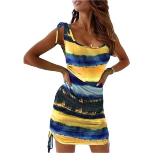 Women Fashion Tank Dress Slim Pleated Tie dye Printed Dress Beach Holiday Casual Dresses Women Clothing