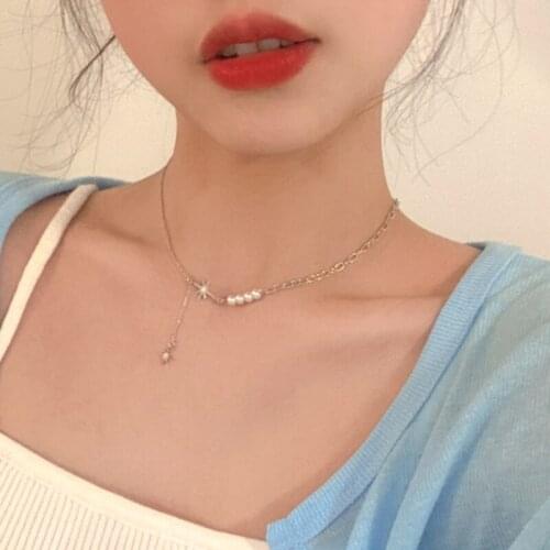 Delicate Rhinestone Star Pendant Necklace for Women Imitation Pearls Clavicle Chain Short Necklaces Female 2021 Fashion Jewelry