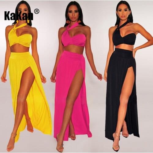 KaKan Beach Sexy Solid Color Hanging Neck Dress Two Piece Set 2020 Summer New Womens Dress Set