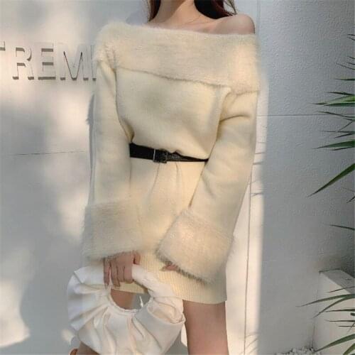 Sexy off-shoulder knitted dress womens 2021 spring and winter new slim waist long-sleeved sweater bag hip dresses