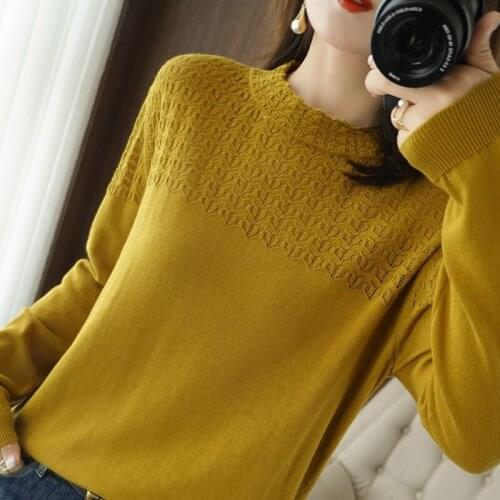 2021 New 100%Pure Cotton Thread Long-Sleeved Sweater Women Half High Neck Pullover Base Shirt Hollow Plus Size Spring Cotton Top