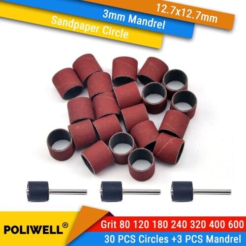 30Pcs Cylindrical Sandpaper Circles +3 Pcs 3mm Shank 1/2 Inch Grinding Wheels Polishing Sanding Bands Drill Tools Accessories
