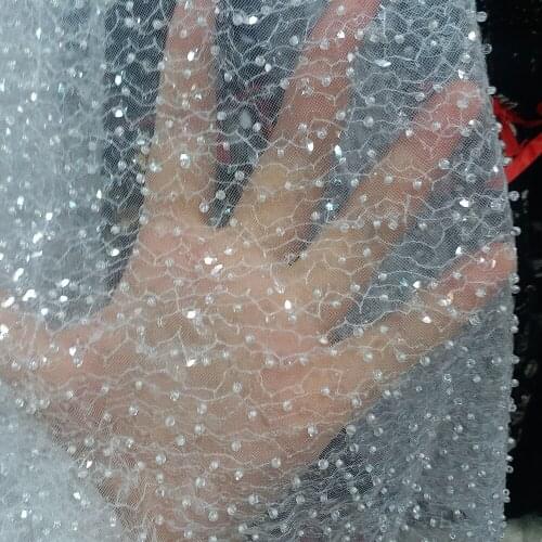 5 yards htt013 offwhite small beads sequin luxury good quality embroidery net mesh lace fabric for evening dress/wedding