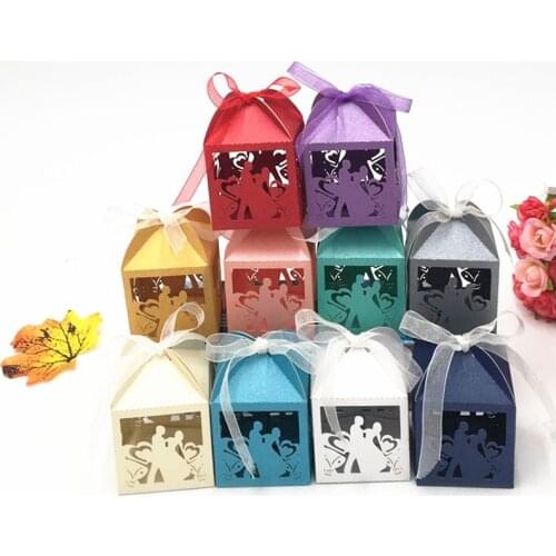 50pcs/set Wedding Favors Bride & Groom Candy Box Candy Cookie Gift Bag Paper Box Baby Shower With Ribbon Wedding Party Supplies