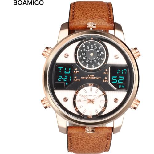 BOAMIGO Men Quartz Watches 3 time zone Watch LED Digital Sports Watches Male Leather wristwatches Man Clock Relogio Masculino