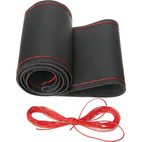38CM BLACK&RED Four Seasons Sewing Steering Wheel Cover Anti-slip Microfiber Leather Steering-cover With Needle Thread Kits