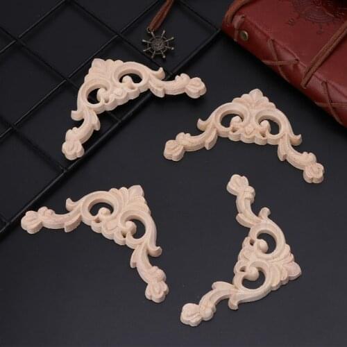 4pcs/set Wood Carved Corner Onlay Applique Unpainted Frame Cupboard Cabinet Decal For Home Furniture Decor Craft 8x8cm