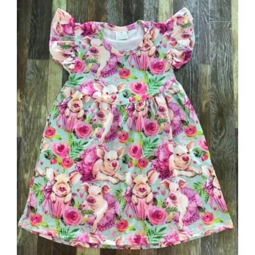 2021 Kids clothing girl cute piglet pink rose green leaf full print summer dress