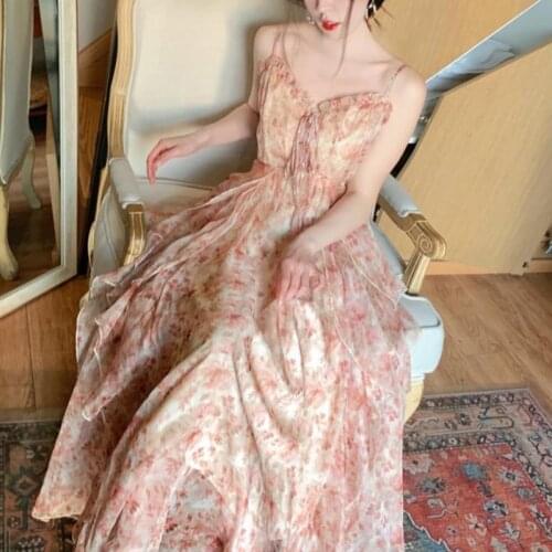 Elegant Chiffon Print Dress Women Retro Sexy Sweet Fit Chic Spaghetti Strap Lace-up Corset Dress Holiday Beach Summer Dress 2021