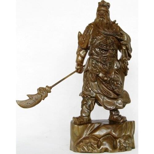 Mahogany handicraft Three Kingdoms with knife Guan Gong antique Green Sandalwood carving Fengshui ornaments