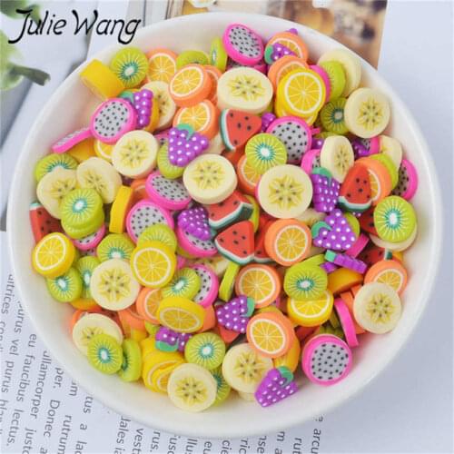 Julie Wang 40PCS Resin Small Fruit Slice Charms Slime Imitation Banana Grapes Orange Jewelry Making Accessory Table Props