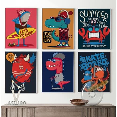 Summer Holiday Theme Cartoon Animal Illustration Poster Skateboard Surf Scooter Bicycle Sports Art Prints Kids Room Wall Decor