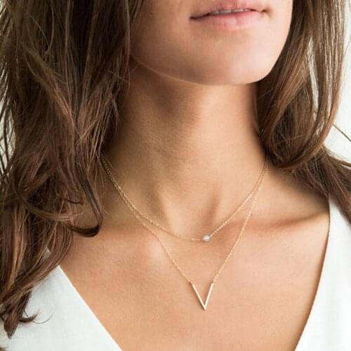 Fashion Double Layer Women Necklace Jewelry Gold V Bead Choker Necklace Pendant On Neck Clavicle Chain XL894