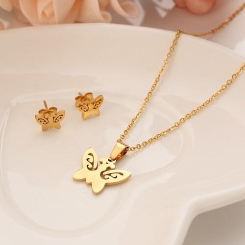 Dubai India gold butterfly fashion engraving set fashion girl bride engagement wedding earrings necklace gift