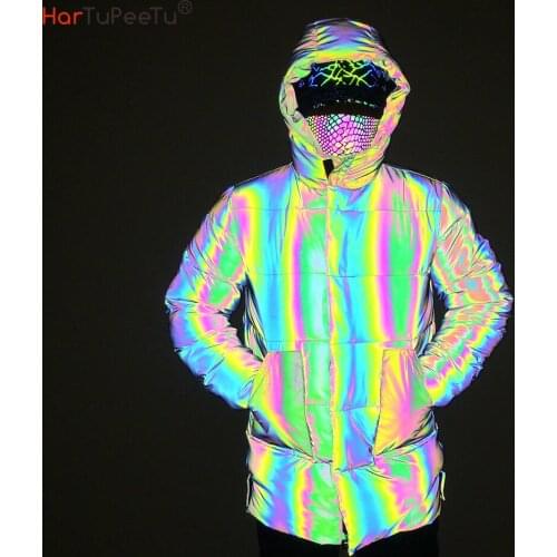 Men Women Winter Hooded Parka Rainbow Dazzling Reflective Light Warm Jacket Coat Windbreaker Younger Padded Cotton Coat S-3XL