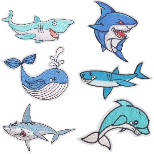 Marine life Shark Dolphin Patch Iron on Shark Patches for Clothing DIY T-shirt Applique Heat Transfer Stickers Stripes on Clothe
