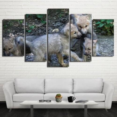 Wall Art Canvas 5 Pieces Paintings Modular Baby Wolf Picture HD Print Animal Posters Framework Home For Living Room Decoration