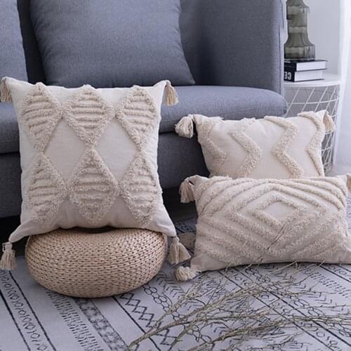 Tassels Cushion Cover Beige Pillow Cover Handmade Square Pillowcase Home Decoration for living Room Bed Room 45x 45cm/30x50cm